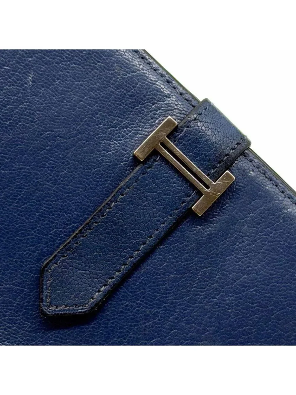 Hermes Bearn Soufflet Chevre Navy Wallet Silver Bifold